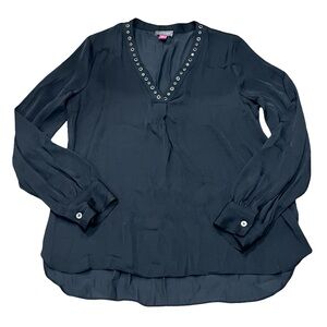 NWT Vince Camuto Black Silky Blouse with Silver And Black Design V-Neck